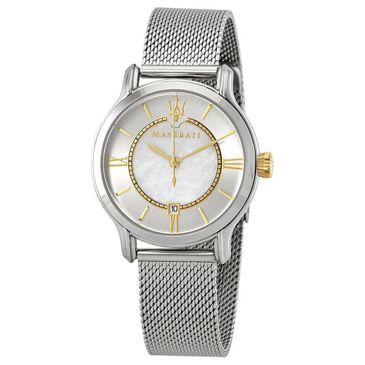 Maserati Epoca ladies watch with mother of pearl dial, gold-tone hands and indices on silver mesh strap