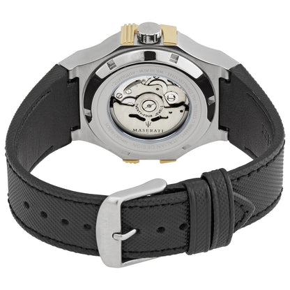Caseback view of Maserati Potenza automatic movement visible through transparent exhibition display
