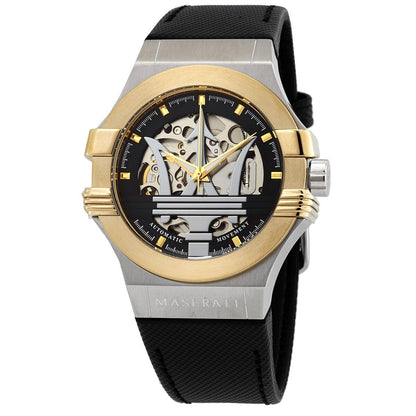 Maserati Potenza automatic skeleton dial watch with two-tone stainless steel case and black strap