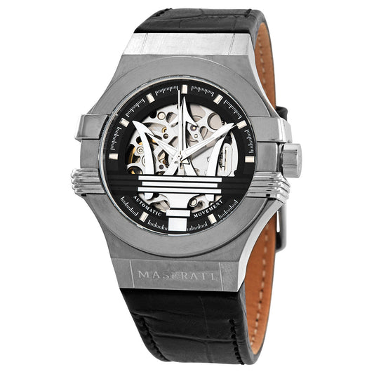 Maserati Potenza automatic watch with skeleton dial, stainless steel case, and black leather strap