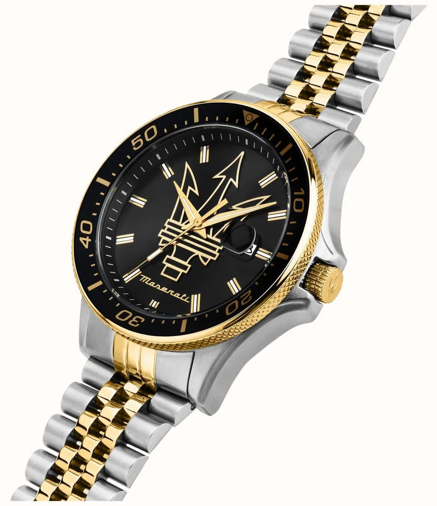 Maserati Sfida watch at angle showing two-tone bracelet and gold bezel