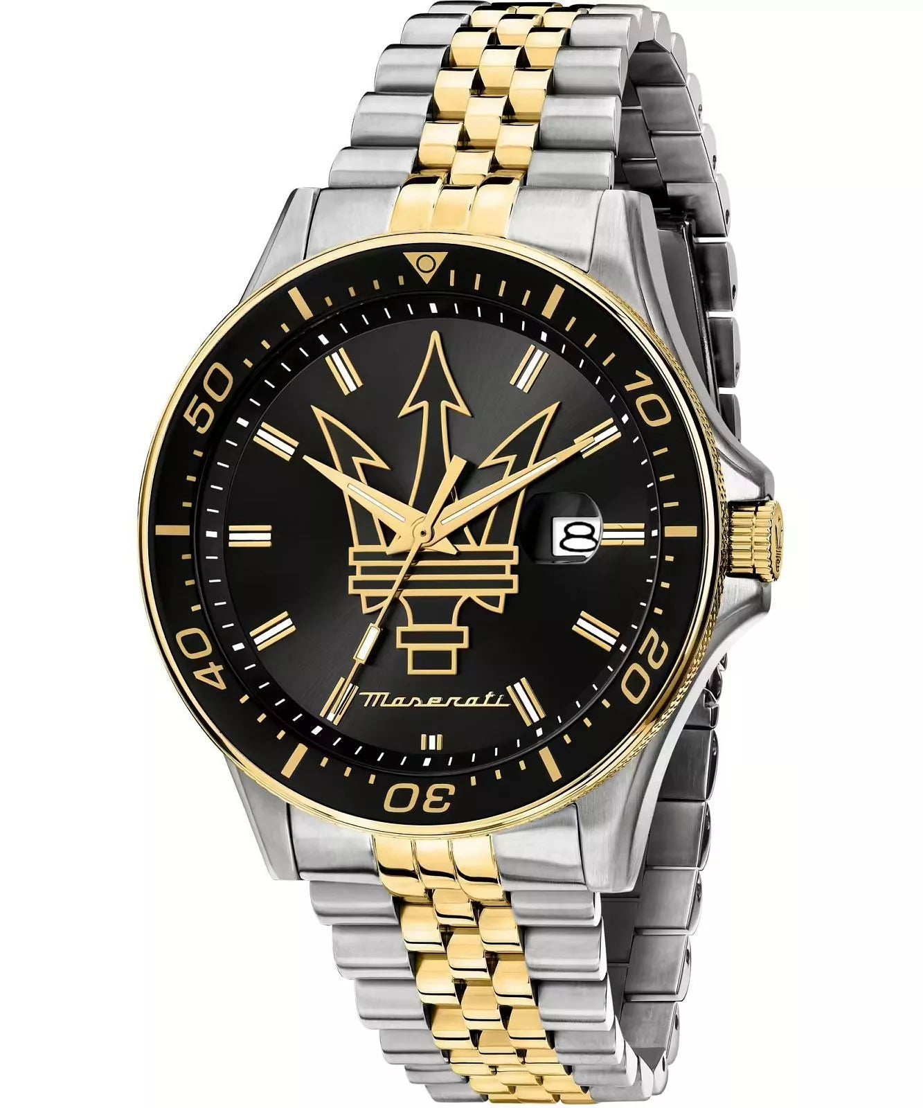 Maserati Sfida men's watch with black dial, gold hands, and two-tone steel bracelet