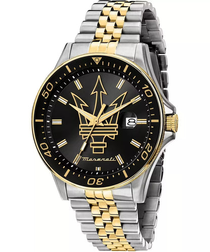 Maserati Sfida men's watch with black dial, gold hands, and two-tone steel bracelet