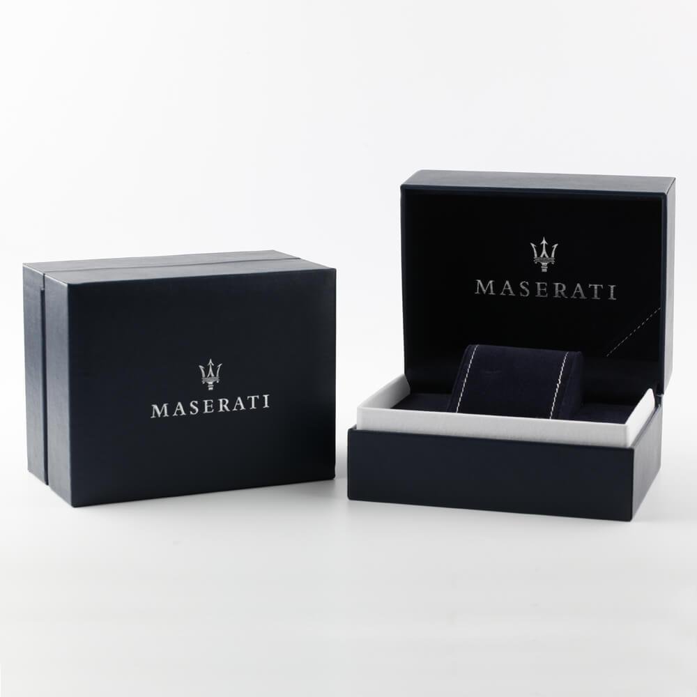 Maserati black presentation box with Maserati logo and blue watch cushion