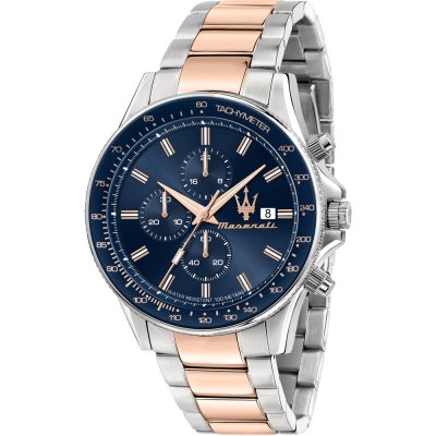 Maserati Sfida chronograph with blue dial, silver and rose gold stainless steel bracelet