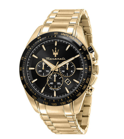 Maserati Traguardo men's chronograph watch with gold-tone case, black dial, and gold bracelet