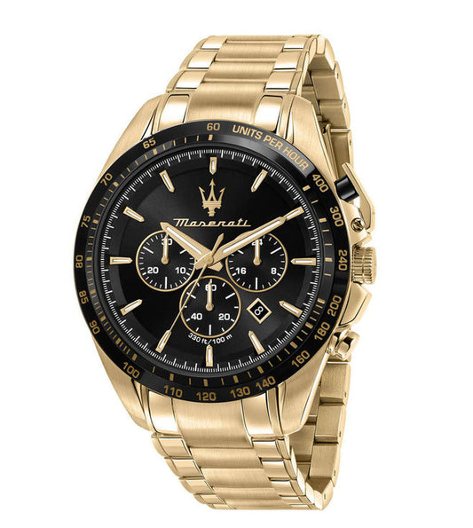 Maserati Traguardo men's chronograph watch with gold-tone case, black dial, and gold bracelet