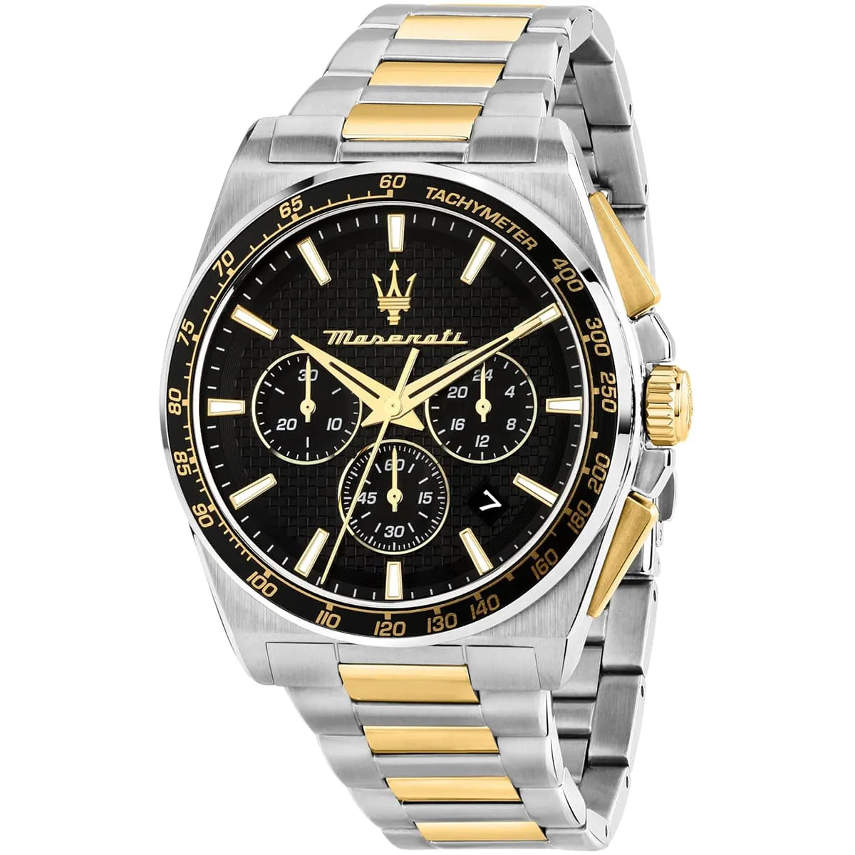 Maserati Velocità R8873652003 two-tone chronograph watch with black dial and gold accents