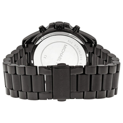 Michael Kors Bradshaw watch back showing stainless steel caseback and black metal bracelet