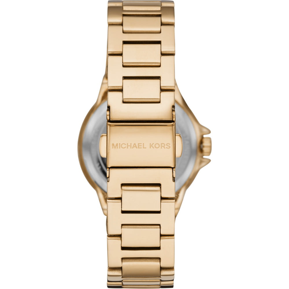 Back of Michael Kors Camille watch showing caseback and gold-tone bracelet