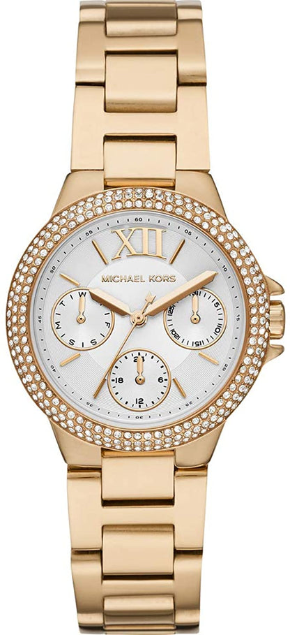 Michael Kors Camille quartz watch with white dial, crystal bezel, and gold-tone bracelet