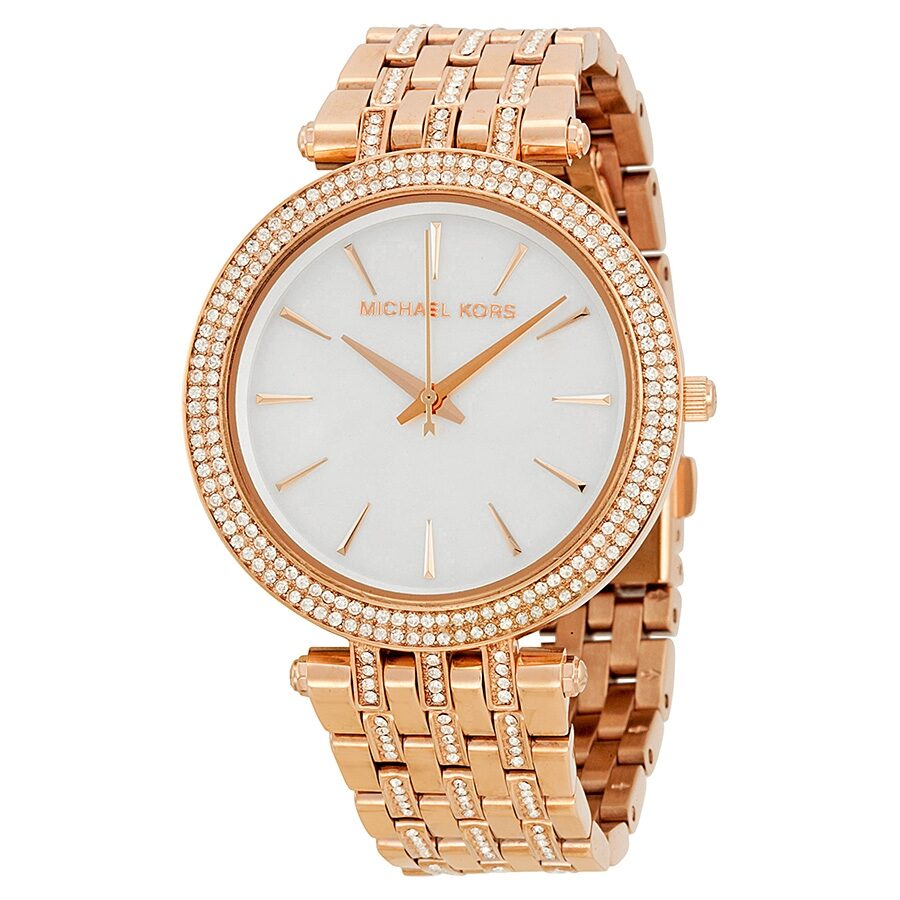 Michael Kors Darci rose gold ladies watch with mother of pearl dial and crystal bezel