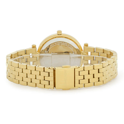 Back view of Michael Kors Darci gold watch with deployment clasp bracelet