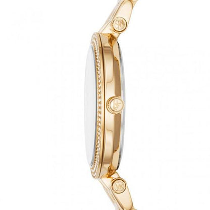 Side profile of Michael Kors Darci gold watch showing crystal-paved bezel and case depth