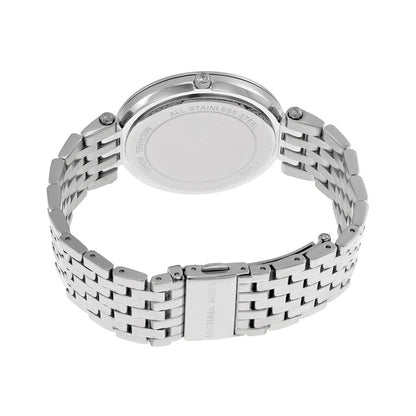 Caseback view of Michael Kors Darci watch with stainless steel bracelet