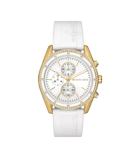 Michael Kors Hadyn MK7484 gold-tone chronograph watch with white silicone strap and pavé bezel