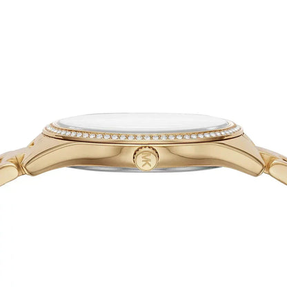 Michael Kors Lauryn watch side profile showing crystal bezel and white dial
