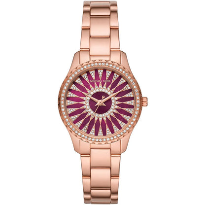 Michael Kors Layton Three Hand Red Dial Rose Gold Steel Strap Watch For Women - MK6893