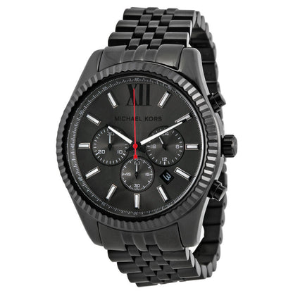 Michael Kors Lexington chronograph watch with black dial, three subdials, and black stainless steel bracelet