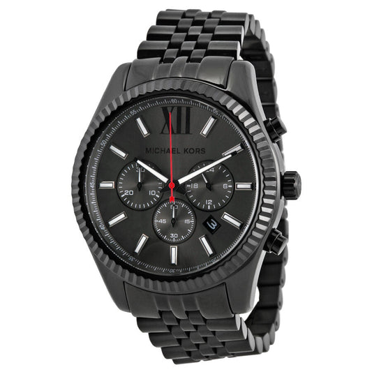 Michael Kors Lexington chronograph watch with black dial, three subdials, and black stainless steel bracelet