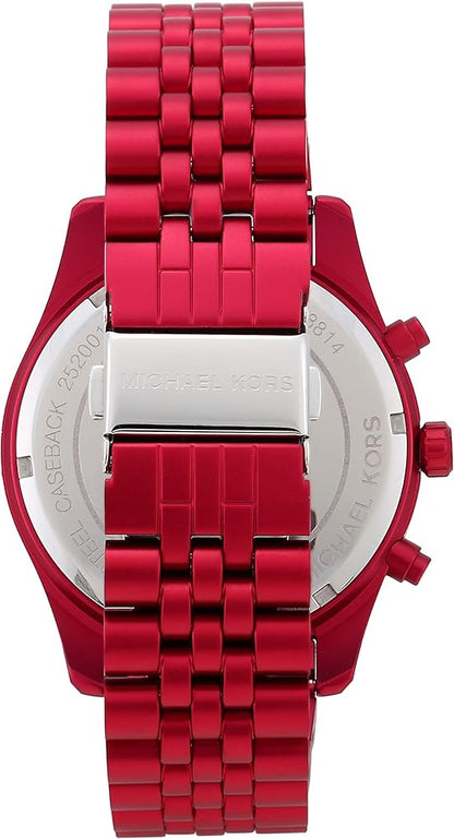 White stainless steel caseback of Michael Kors Lexington chronograph with red metal bracelet