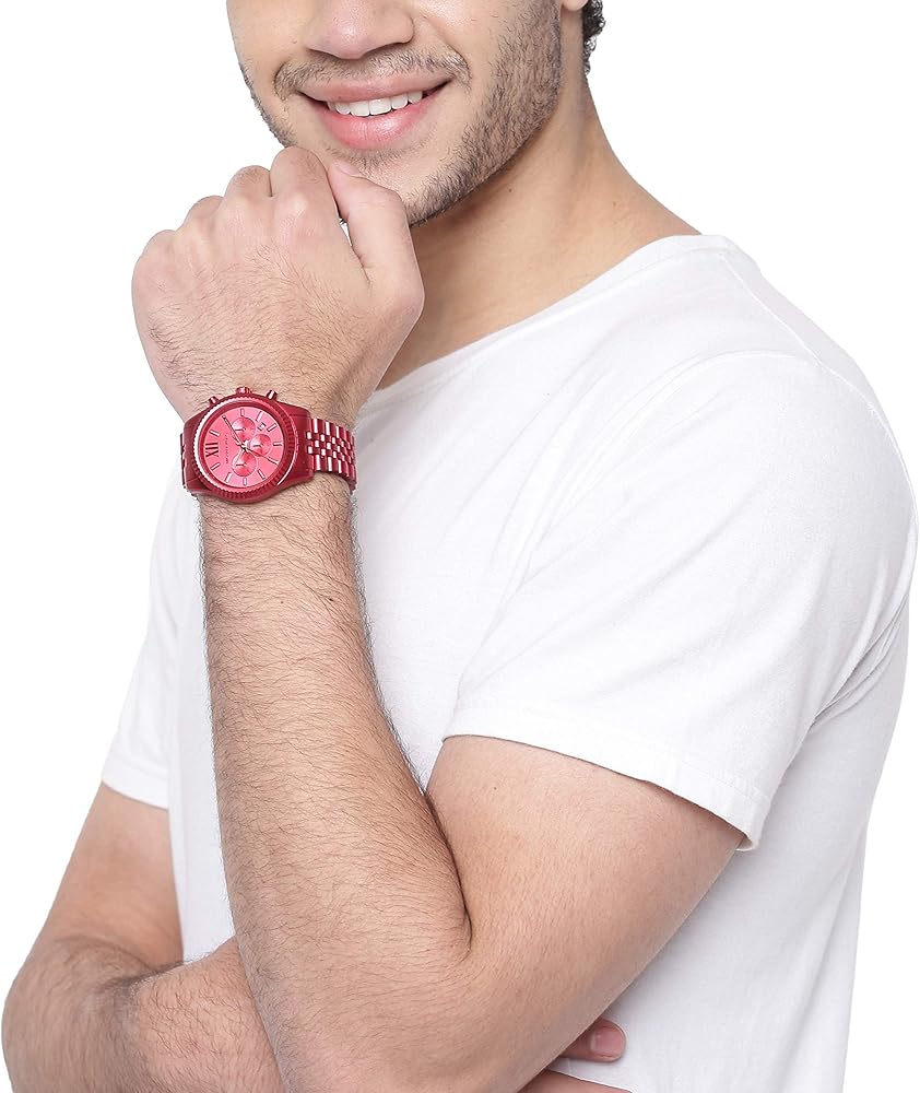 Red chronograph watch worn on male wrist with all red stainless steel case and bracelet