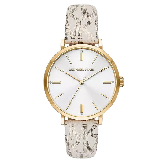 Michael Kors Addyson women's watch with silver dial and beige leather strap