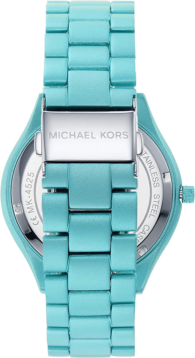 Caseback view of Michael Kors Slim Runway aqua watch with metal bracelet band