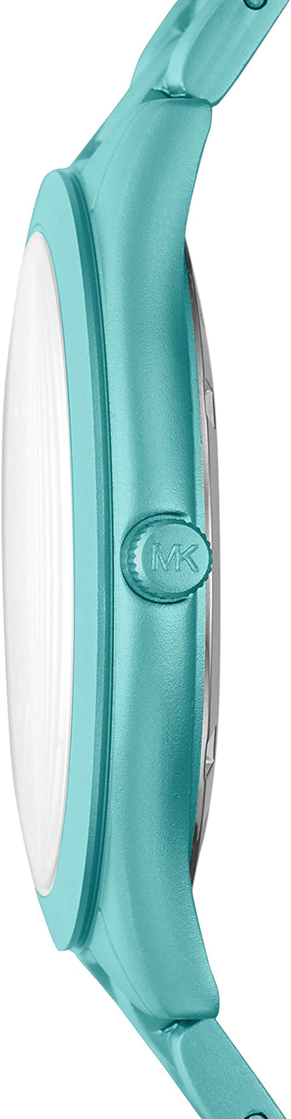 Side profile of Michael Kors Slim Runway aqua watch showing case and bracelet depth