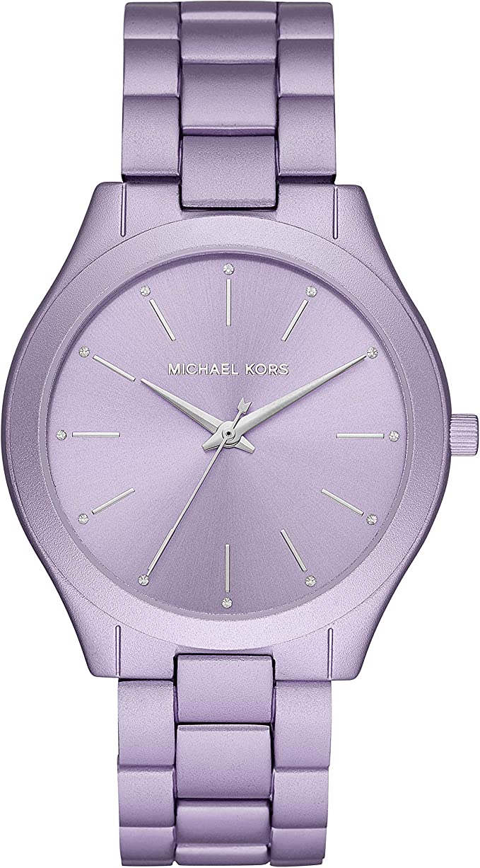 Michael Kors MK4540 oversized slim Runway watch with lilac-tone aluminum case and matching bracelet