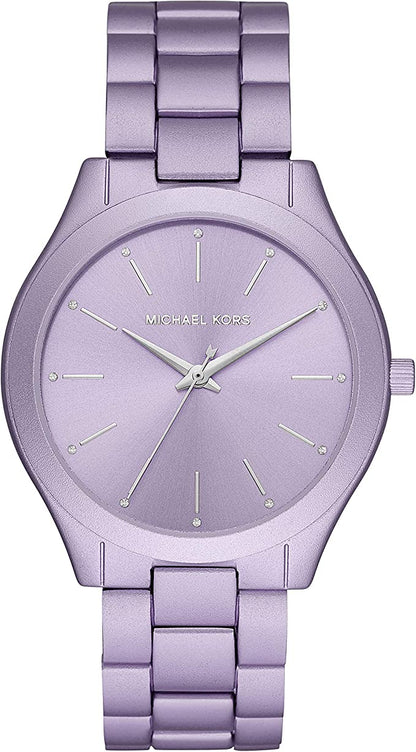 Michael Kors MK4540 oversized slim Runway watch with lilac-tone aluminum case and matching bracelet