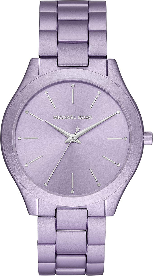 Michael Kors MK4540 oversized slim Runway watch with lilac-tone aluminum case and matching bracelet