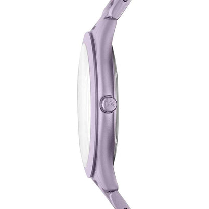 Michael Kors MK4540 watch side profile showing slim lilac aluminum case and crown