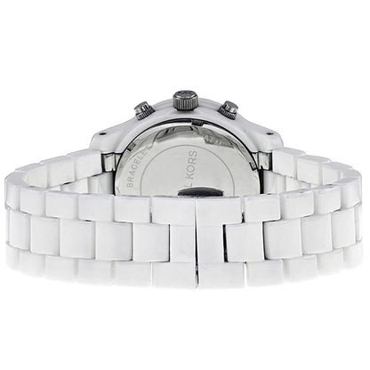 Caseback view of Michael Kors MK5161 white chronograph watch with visible metal case