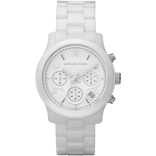Michael Kors MK5161 white ladies chronograph watch with white ceramic band and three subdials