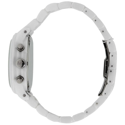 Michael Kors MK5161 white chronograph watch on wrist showing ceramic bracelet