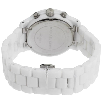 Overhead view of Michael Kors MK5161 white ceramic watch with chronograph pushers visible