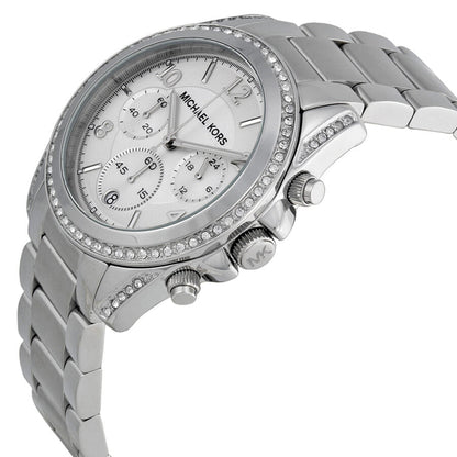 Michael Kors MK5165 three-quarter view showing chronograph pushers and crystal-set bezel detail
