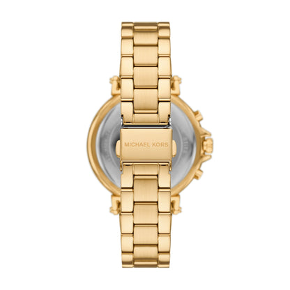 Michael Kors Maren MK7493 caseback showing gold-tone stainless steel and branding