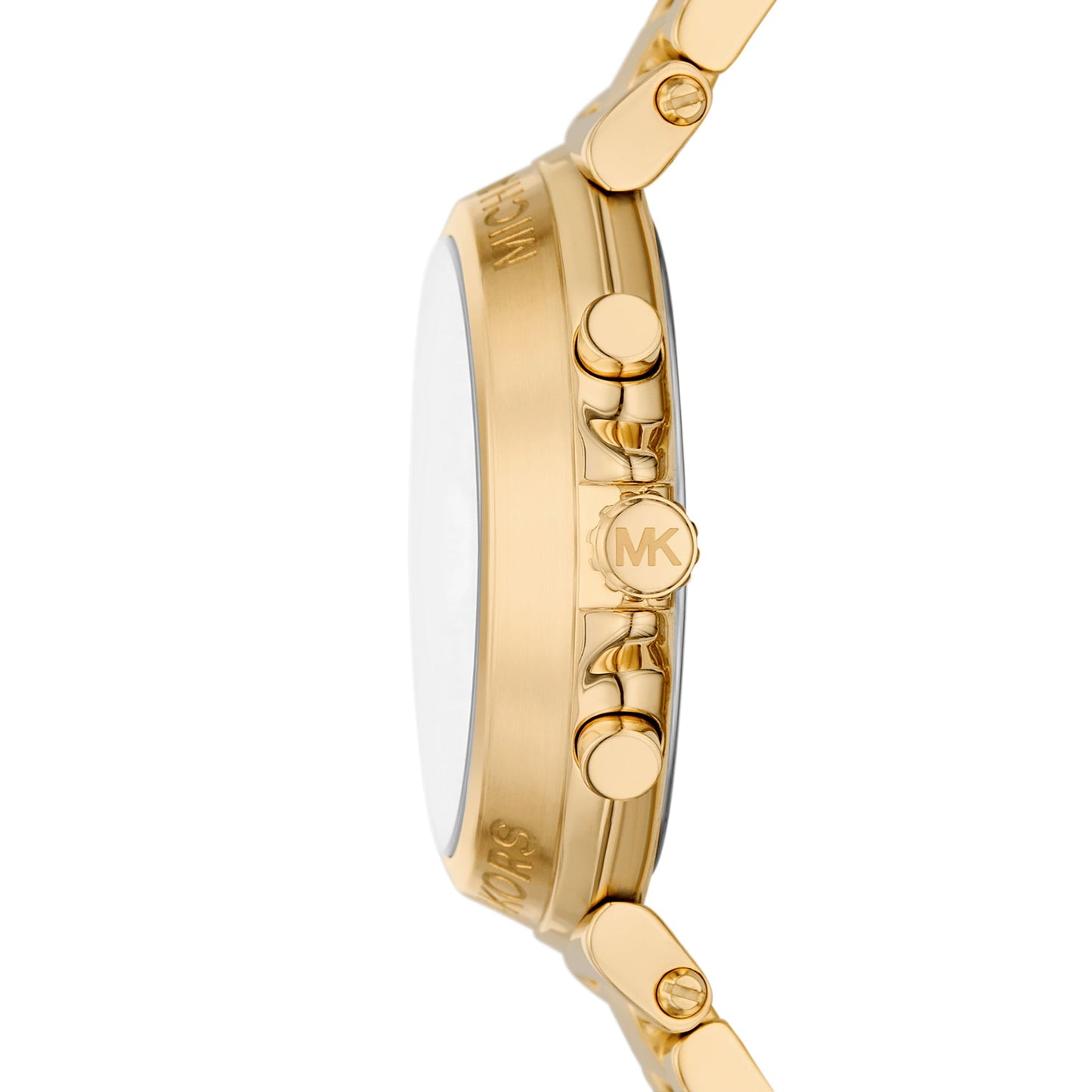 Michael Kors Maren MK7493 side view showing gold-tone case profile and chronograph pushers