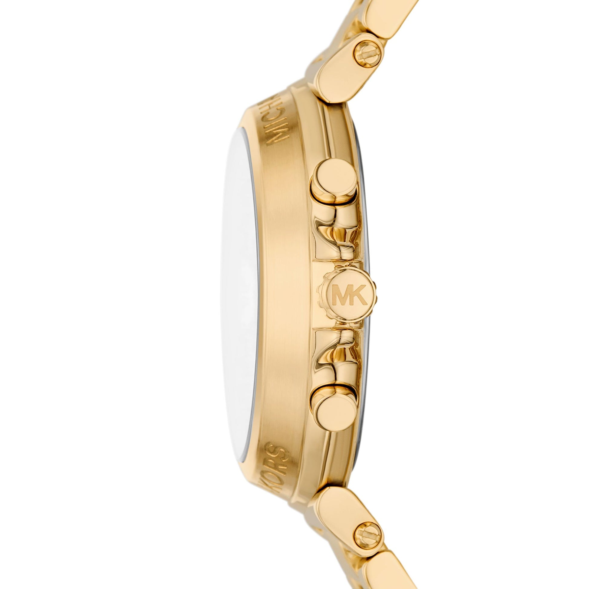 Michael Kors Maren MK7493 side view showing gold-tone case profile and chronograph pushers