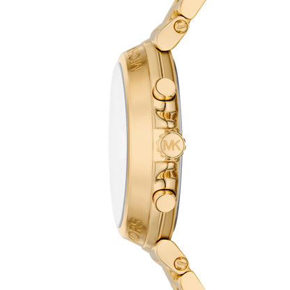Michael Kors Maren MK7493 side view showing gold-tone case profile and chronograph pushers