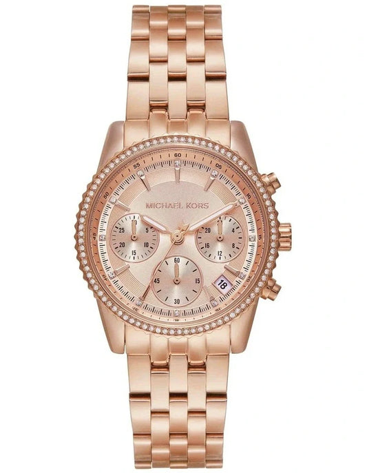 Michael Kors Mini Bryant rose-gold chronograph watch with pavé bezel and triple sub-dials on matching bracelet