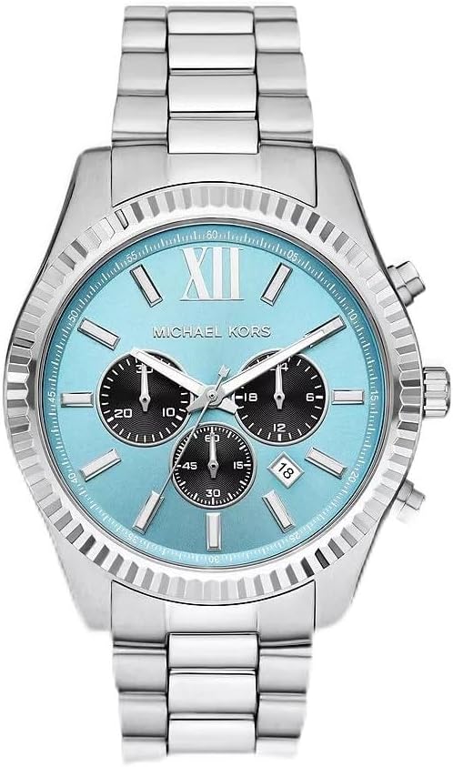 Michael Kors MK9165 silver chronograph watch with light blue dial and black subdials