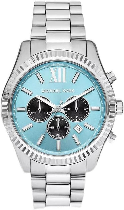 Michael Kors MK9165 silver chronograph watch with light blue dial and black subdials