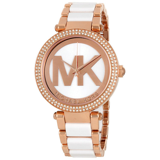 Michael Kors Parker Rose Gold-Tone and White Acetate Women's Watch - MK6365