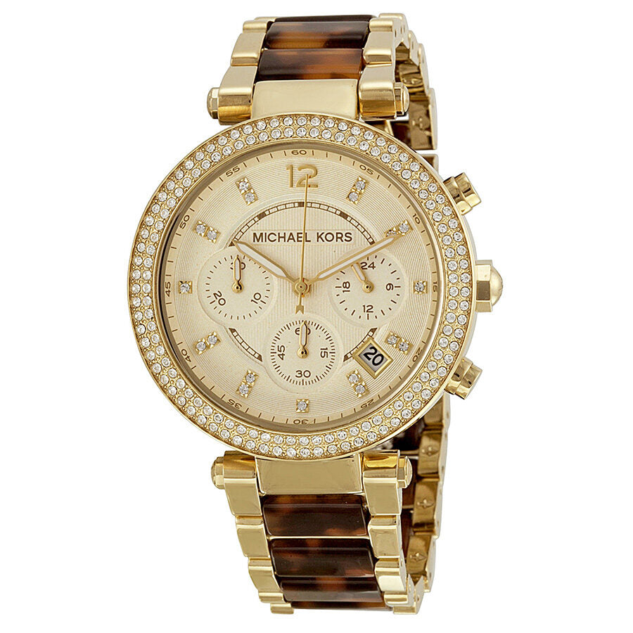 Michael Kors Parker gold-tone chronograph watch with crystal bezel and tortoiseshell bracelet