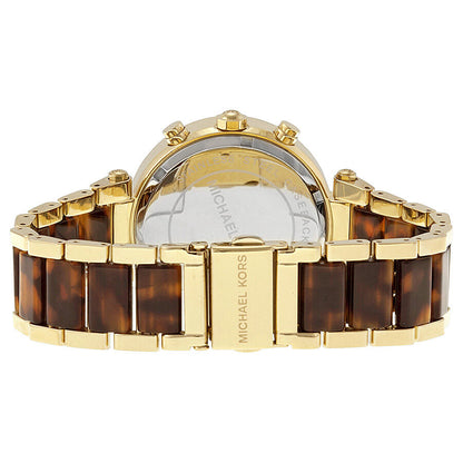 Michael Kors Parker watch caseback showing tortoiseshell and gold-tone bracelet construction