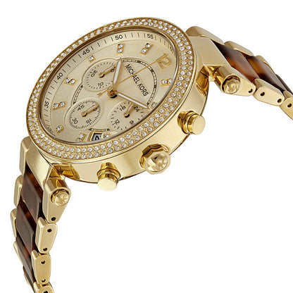 Michael Kors Parker watch side view showing dial subdials and gold-tone case with tortoiseshell strap