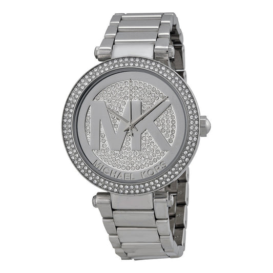 Michael Kors Parker silver-tone women's watch with crystal pave dial and diamond bezel